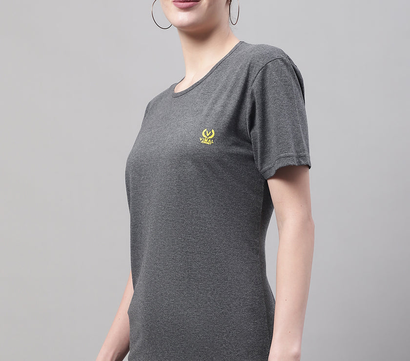 Mack Jonney Round Neck Cotton Solid Grey T-Shirt for Women
