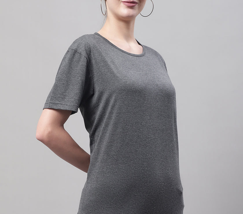 Mack Jonney Round Neck Cotton Solid Grey T-Shirt for Women