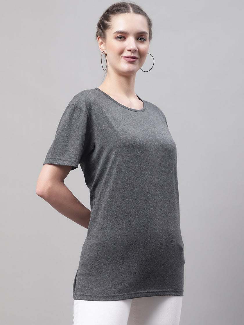 Mack Jonney Round Neck Cotton Solid Grey T-Shirt for Women