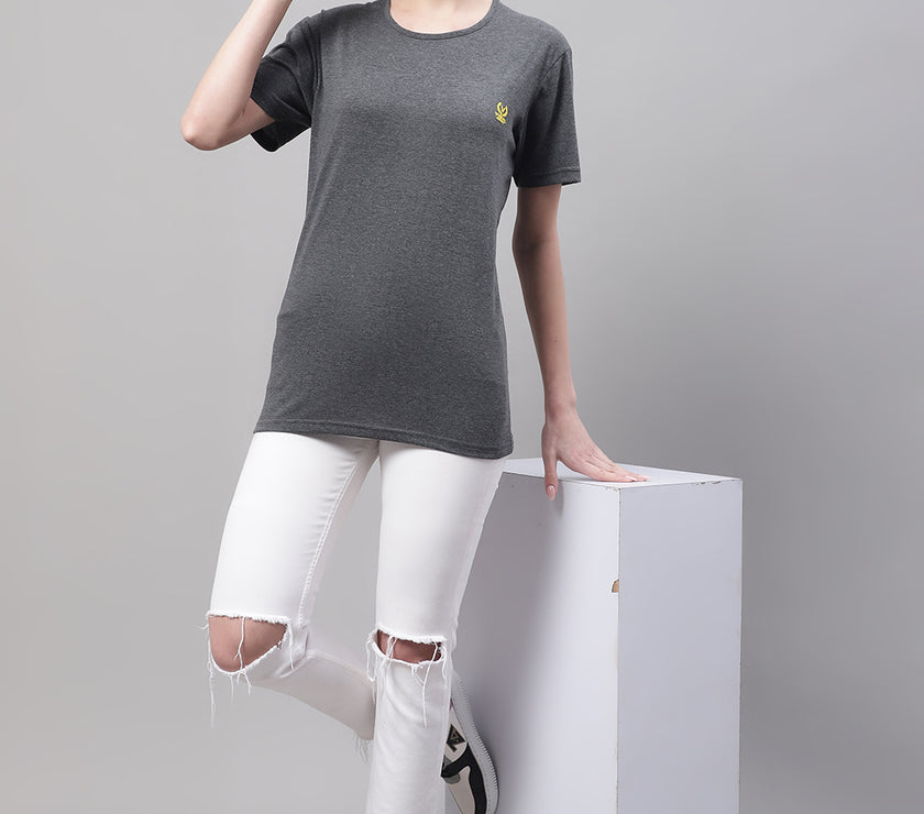 Mack Jonney Round Neck Cotton Solid Grey T-Shirt for Women