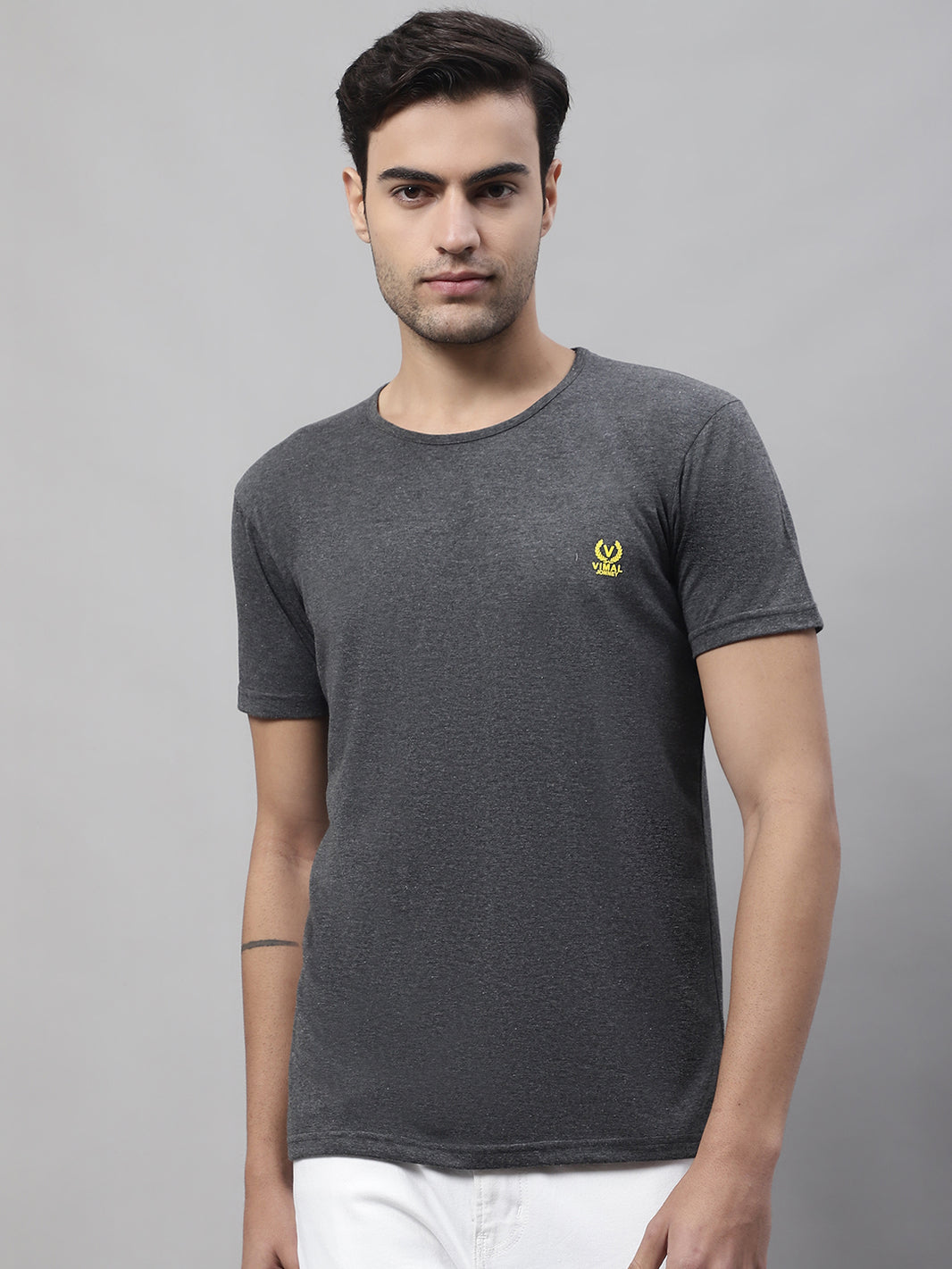 Mack Jonney Round Neck Cotton Solid Anthracite T-Shirt for Men