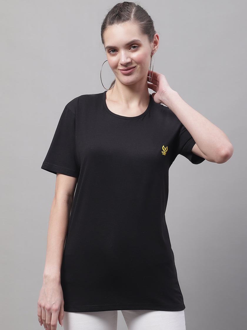 Mack Jonney Round Neck Cotton Solid Black T-Shirt for Women