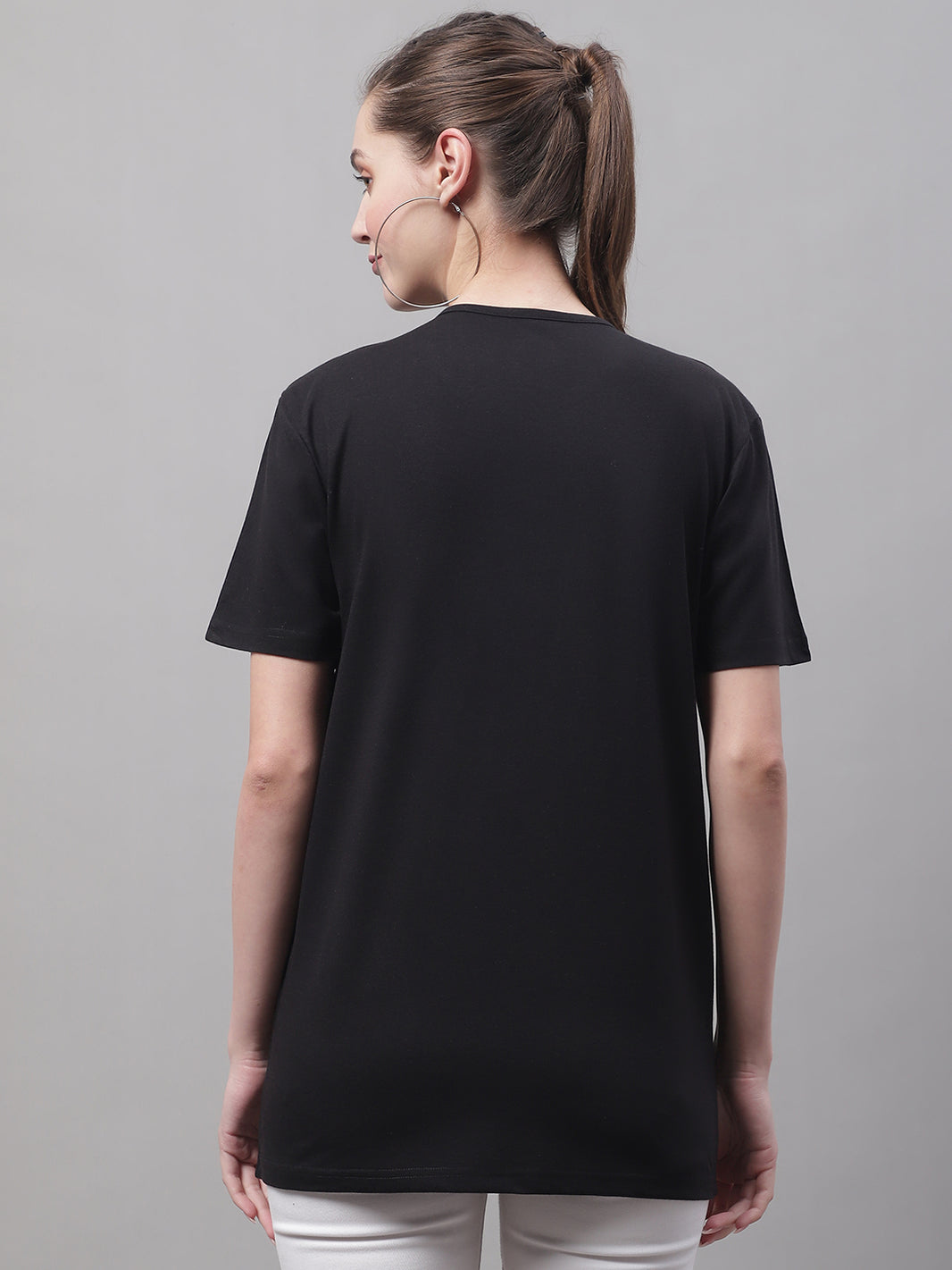 Mack Jonney Round Neck Cotton Solid Black T-Shirt for Women