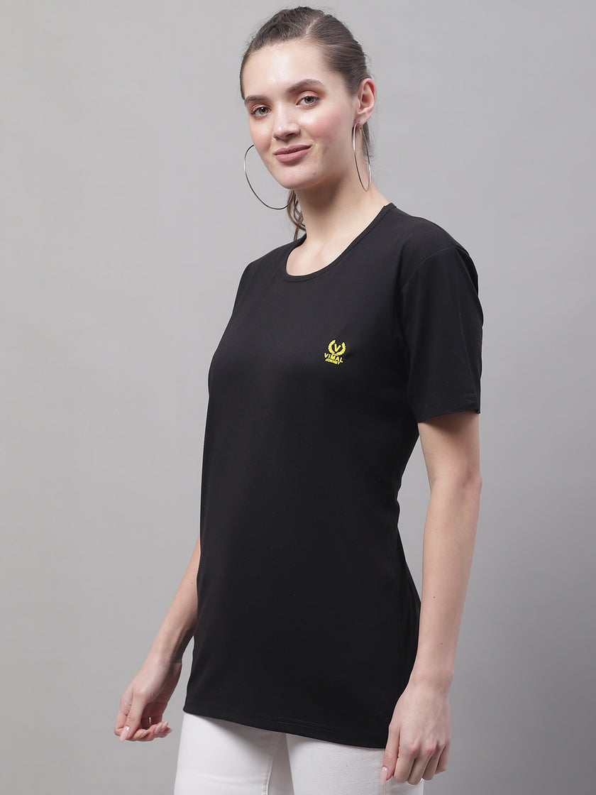 Mack Jonney Round Neck Cotton Solid Black T-Shirt for Women