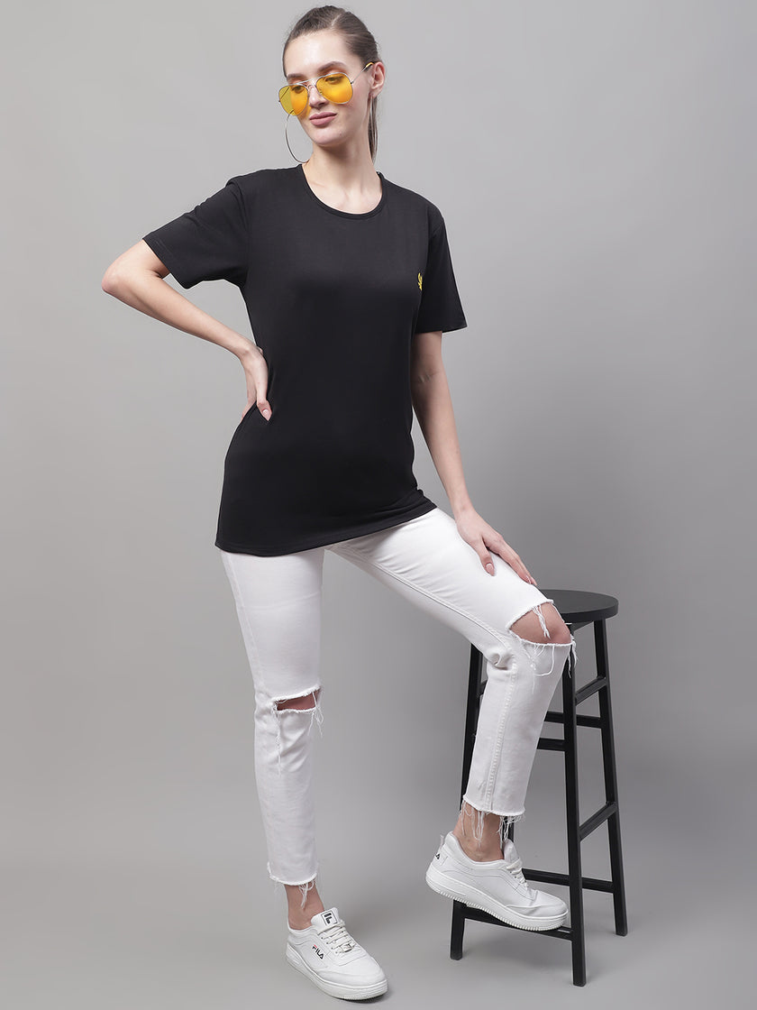 Mack Jonney Round Neck Cotton Solid Black T-Shirt for Women