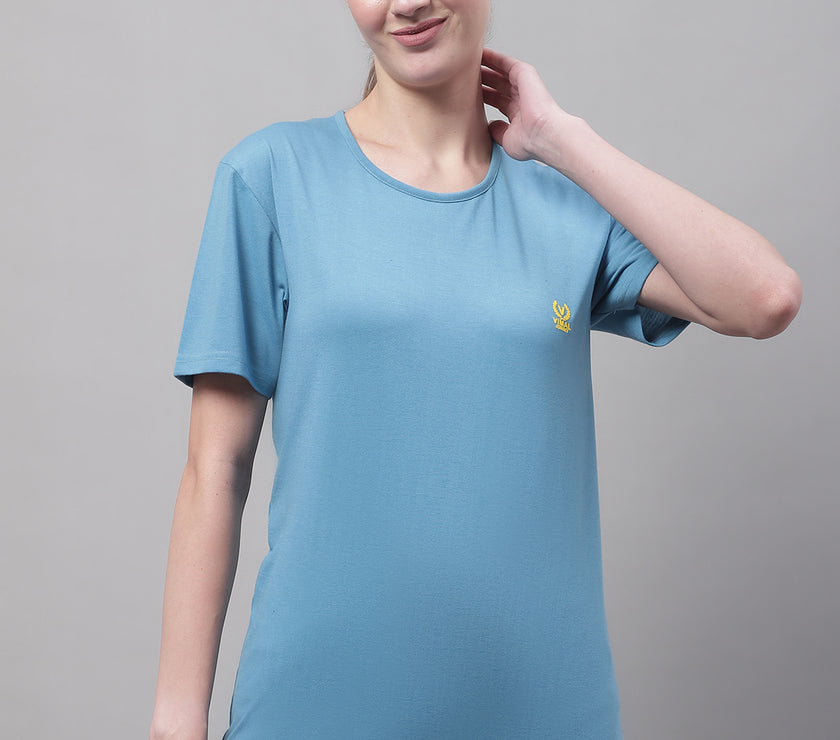 Mack Jonney Round Neck Cotton Solid Blue T-Shirt for Women