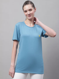 Mack Jonney Round Neck Cotton Solid Blue T-Shirt for Women