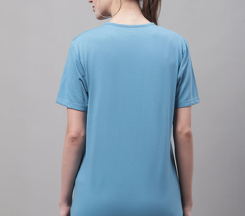 Mack Jonney Round Neck Cotton Solid Blue T-Shirt for Women