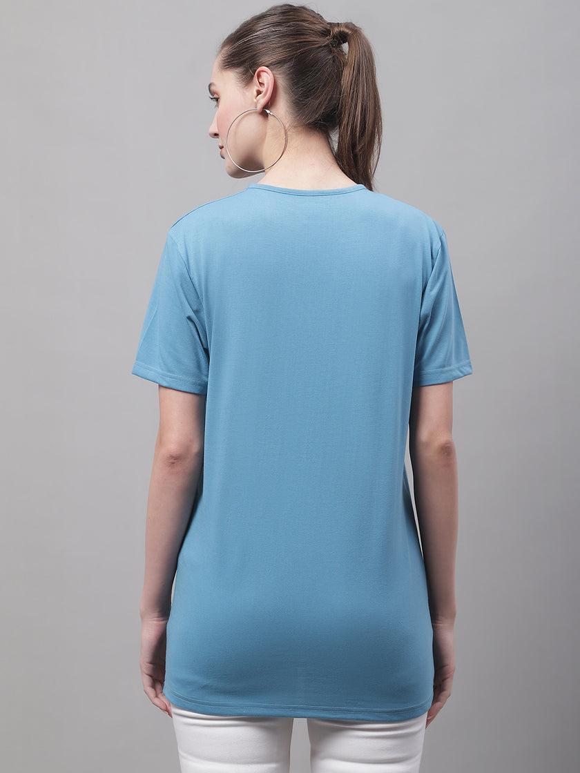 Mack Jonney Round Neck Cotton Solid Blue T-Shirt for Women