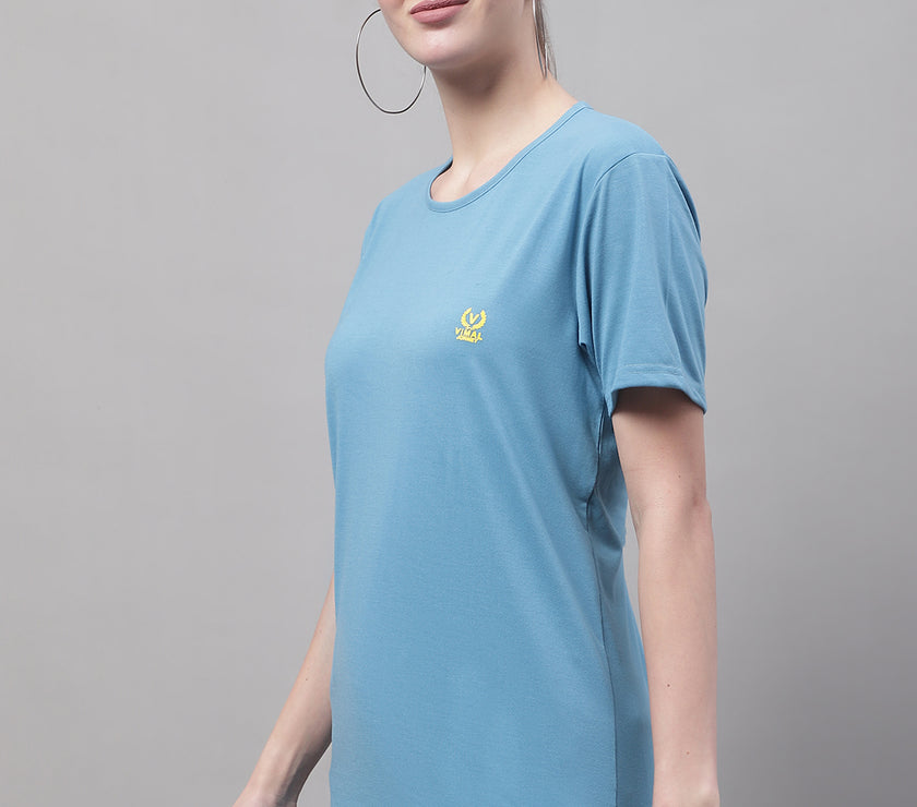 Mack Jonney Round Neck Cotton Solid Blue T-Shirt for Women