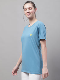 Mack Jonney Round Neck Cotton Solid Blue T-Shirt for Women