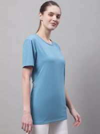 Mack Jonney Round Neck Cotton Solid Blue T-Shirt for Women