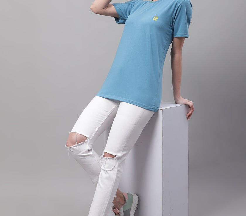 Mack Jonney Round Neck Cotton Solid Blue T-Shirt for Women
