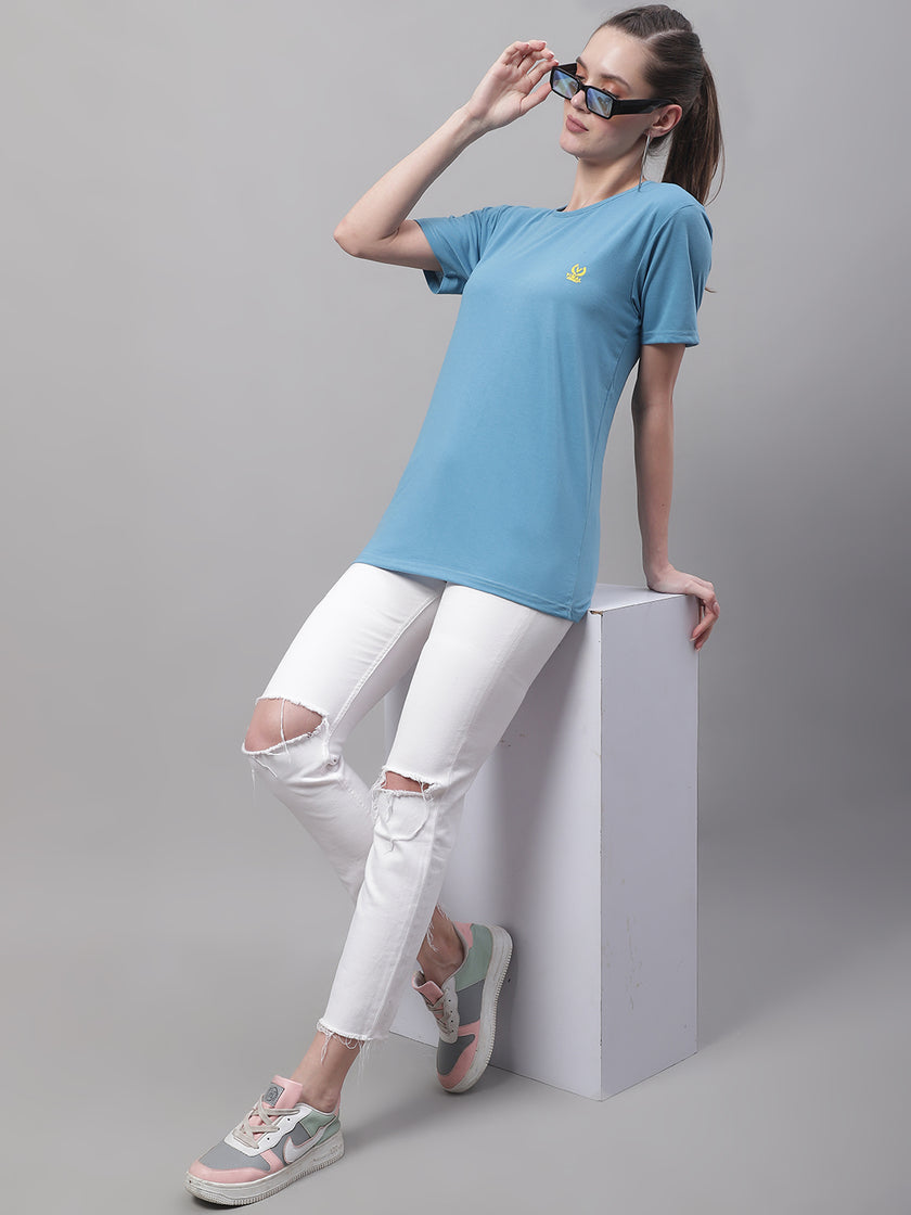 Mack Jonney Round Neck Cotton Solid Blue T-Shirt for Women