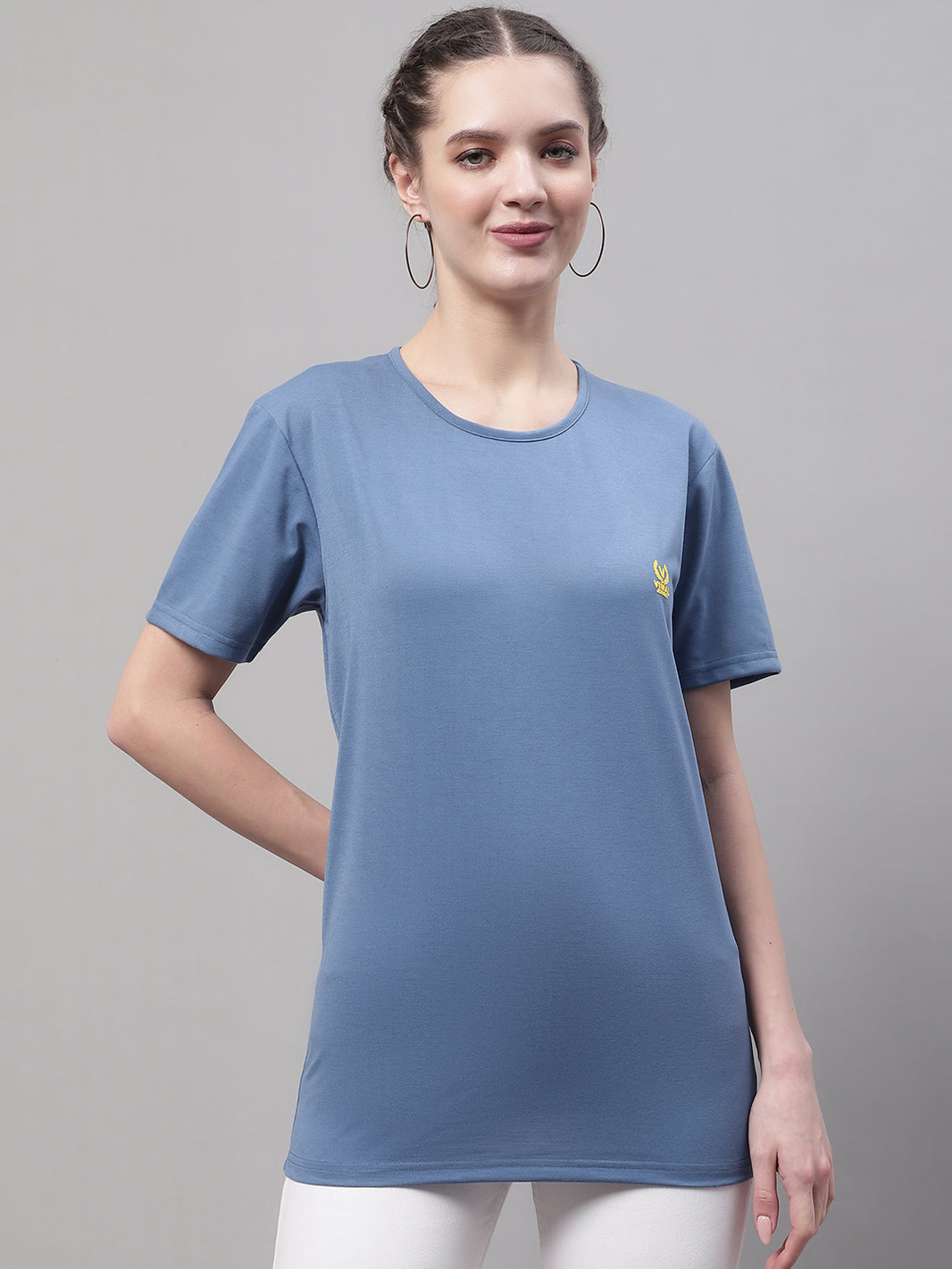 Mack Jonney Round Neck Cotton Solid Dark Grey T-Shirt for Women