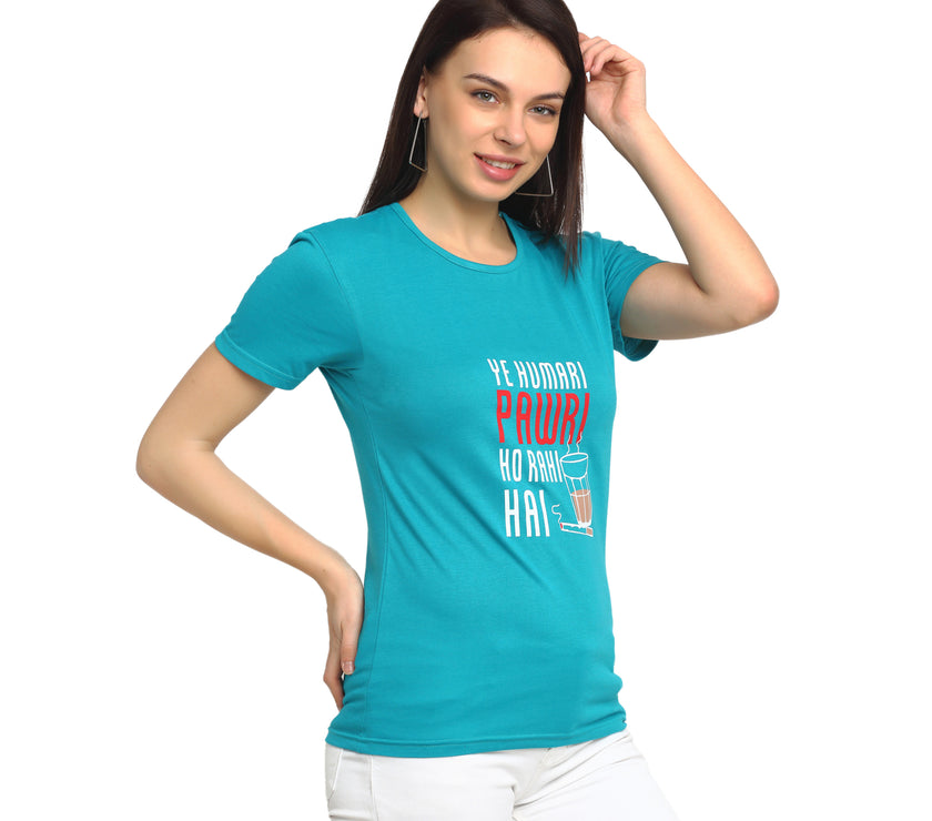 Mack Jonney Turquoise Half Sleeve T-shirt For Women's