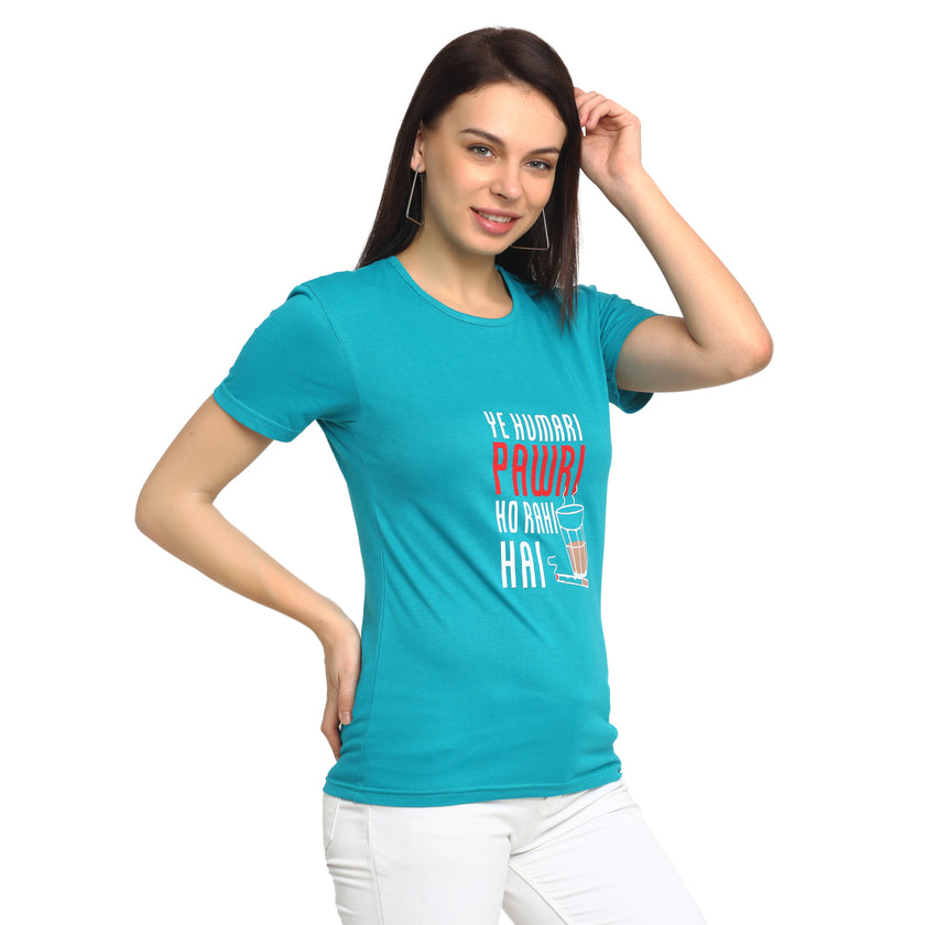 Mack Jonney Turquoise Half Sleeve T-shirt For Women's
