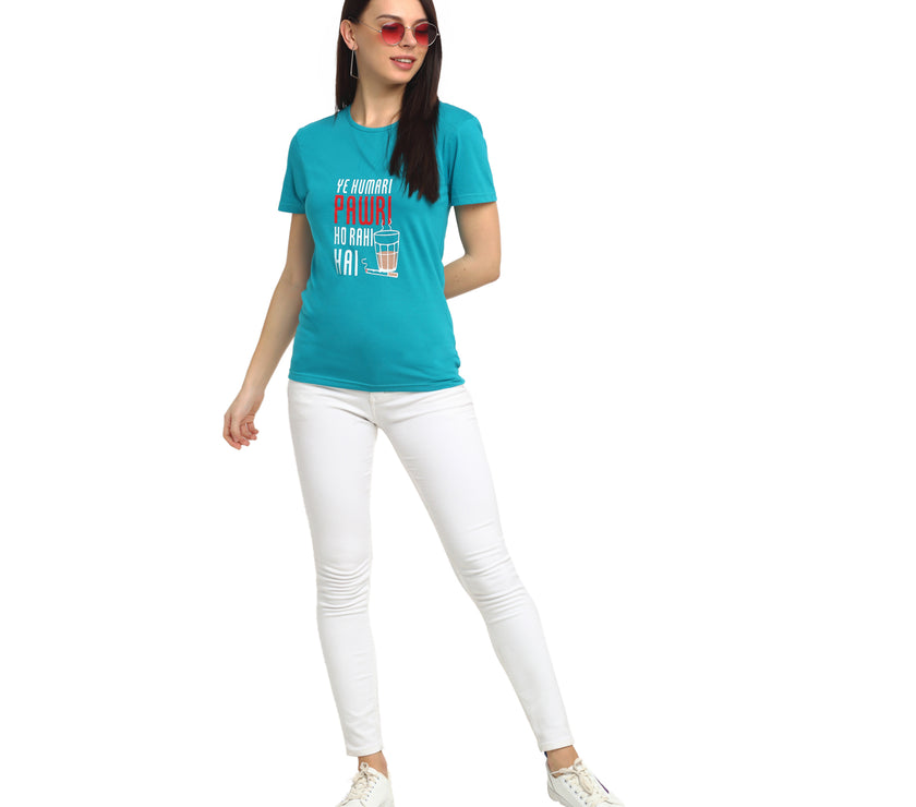 Mack Jonney Turquoise Half Sleeve T-shirt For Women's
