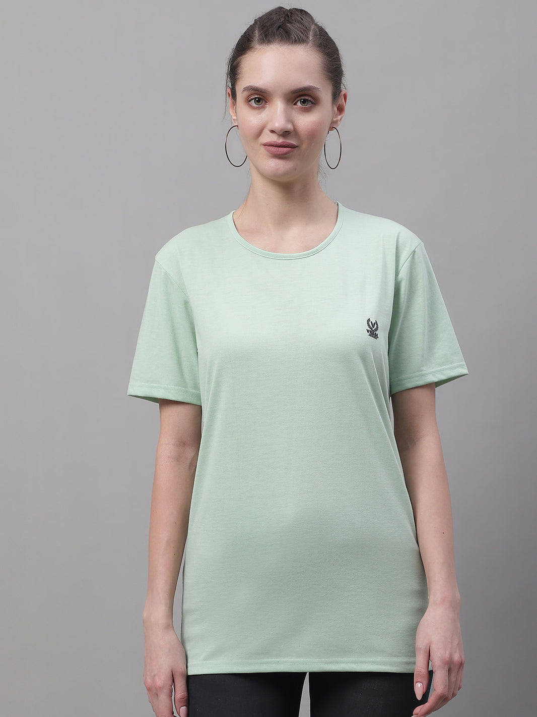 Mack Jonney Round Neck Cotton Solid Light Green T-Shirt for Women