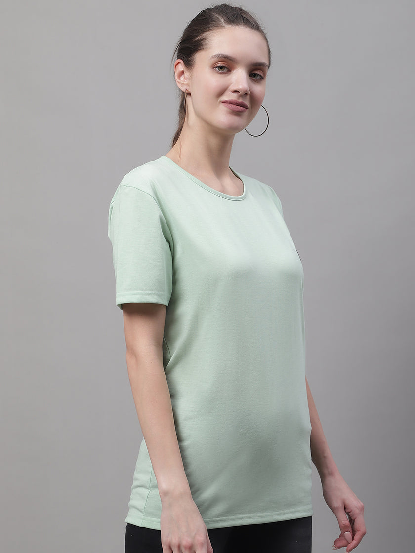 Mack Jonney Round Neck Cotton Solid Light Green T-Shirt for Women