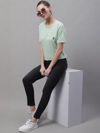 Mack Jonney Round Neck Cotton Solid Light Green T-Shirt for Women