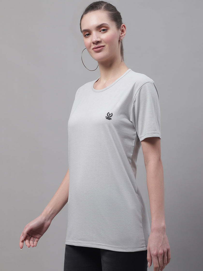 Mack Jonney Round Neck Cotton Solid Light Grey T-Shirt for Women