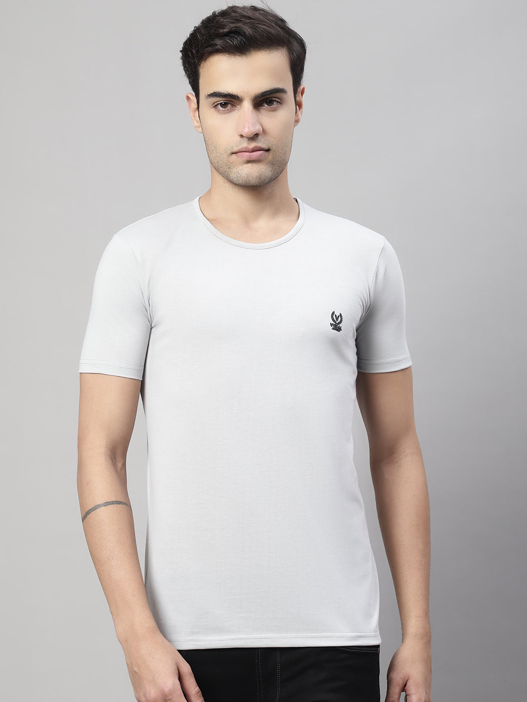 Mack Jonney Round Neck Cotton Solid Light Grey T-Shirt for Men