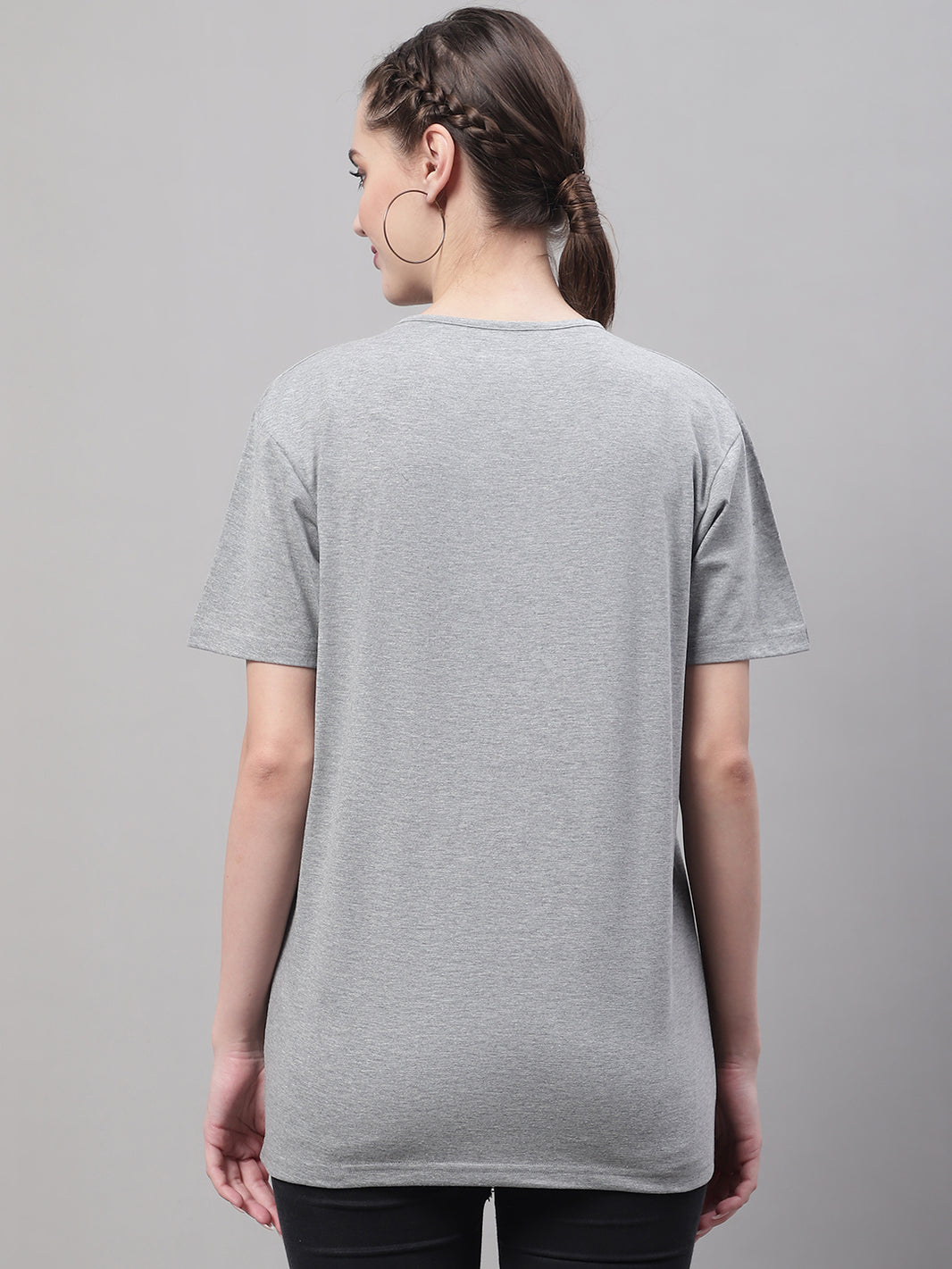 Mack Jonney Round Neck Cotton Solid Grey Melange T-Shirt for Women