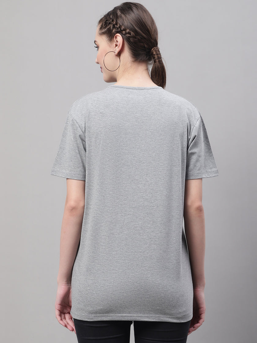 Mack Jonney Round Neck Cotton Solid Grey Melange T-Shirt for Women