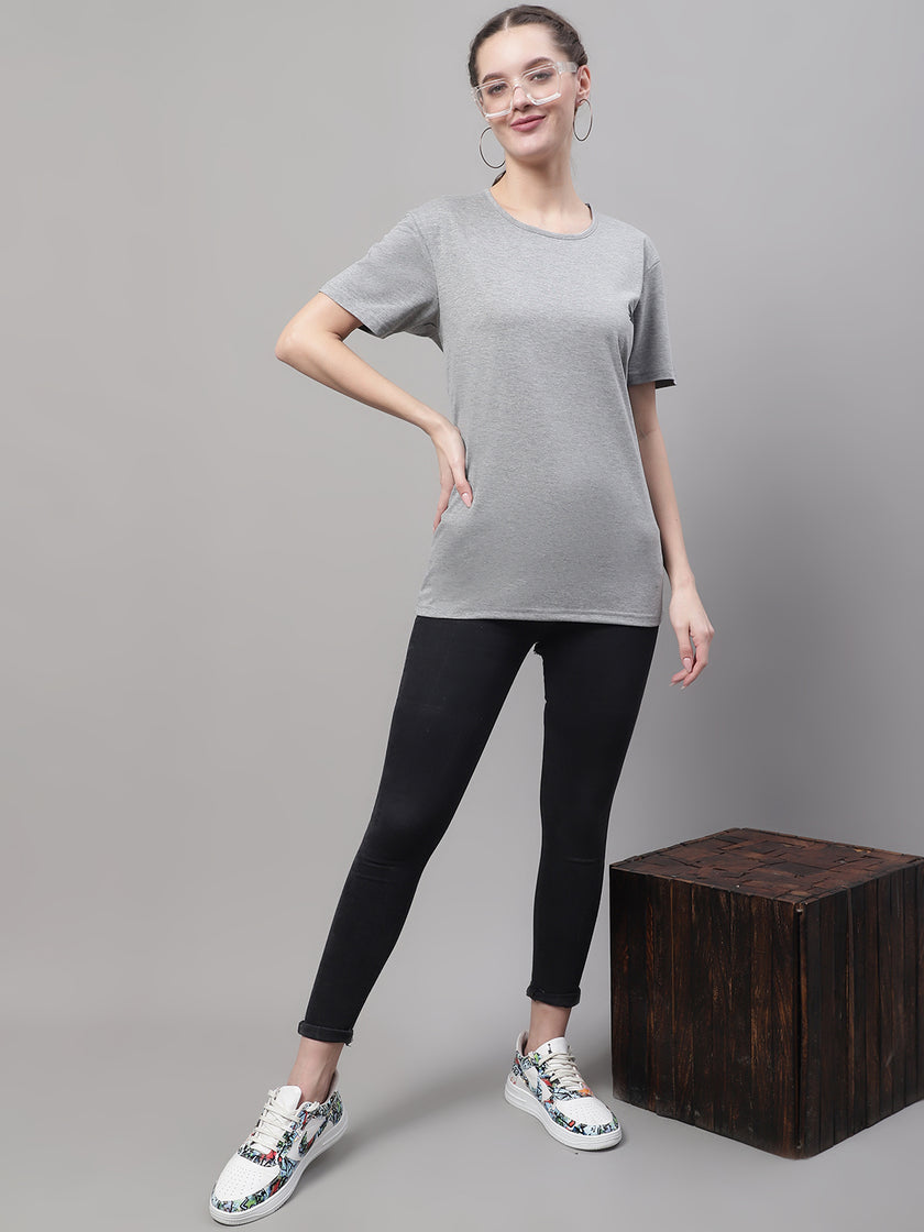 Mack Jonney Round Neck Cotton Solid Grey Melange T-Shirt for Women