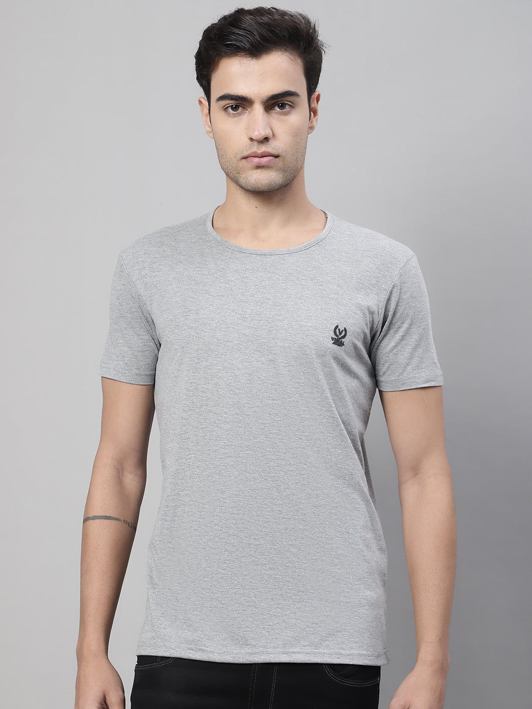 Mack Jonney Round Neck Cotton Solid Grey Melange T-Shirt for Men