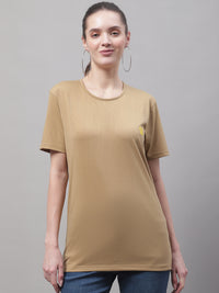 Mack Jonney Round Neck Cotton Solid Mud T-Shirt for Women