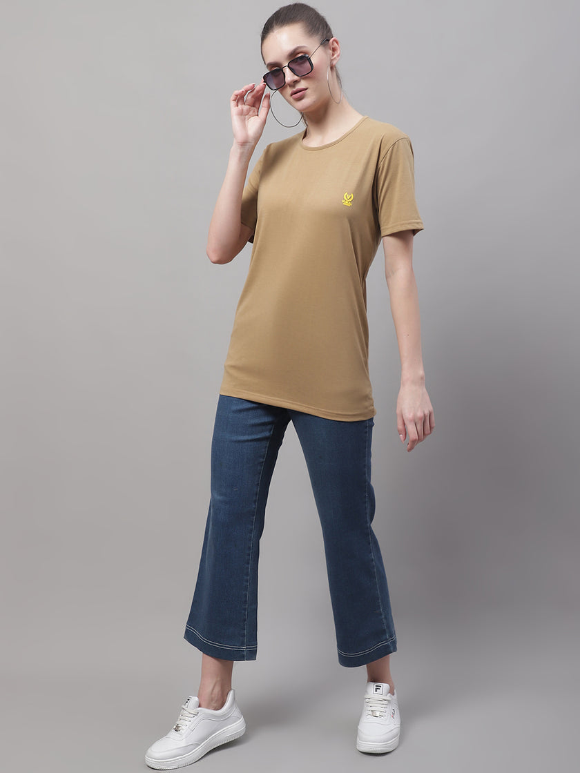 Mack Jonney Round Neck Cotton Solid Mud T-Shirt for Women