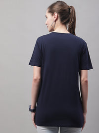 Mack Jonney Round Neck Cotton Solid Navy Blue T-Shirt for Women