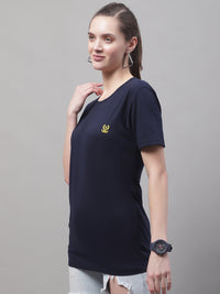 Mack Jonney Round Neck Cotton Solid Navy Blue T-Shirt for Women