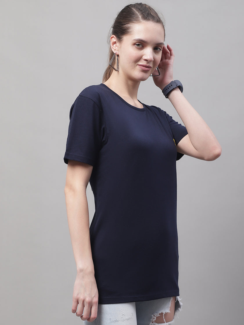 Mack Jonney Round Neck Cotton Solid Navy Blue T-Shirt for Women