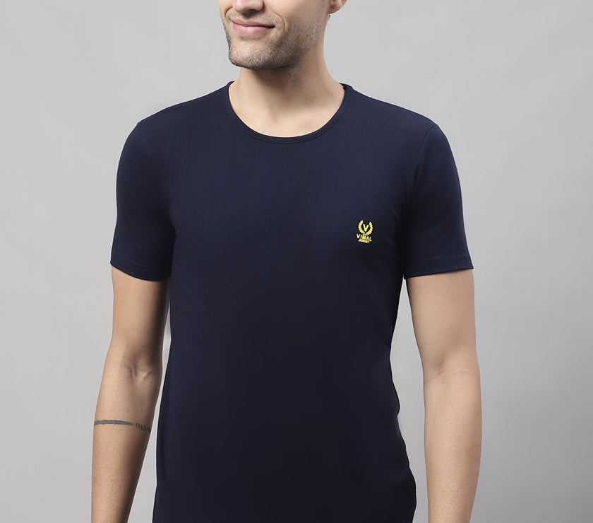 Mack Jonney Round Neck Cotton Solid Navy Blue T-Shirt for Men