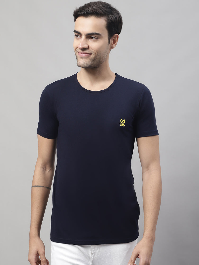 Mack Jonney Round Neck Cotton Solid Navy Blue T-Shirt for Men