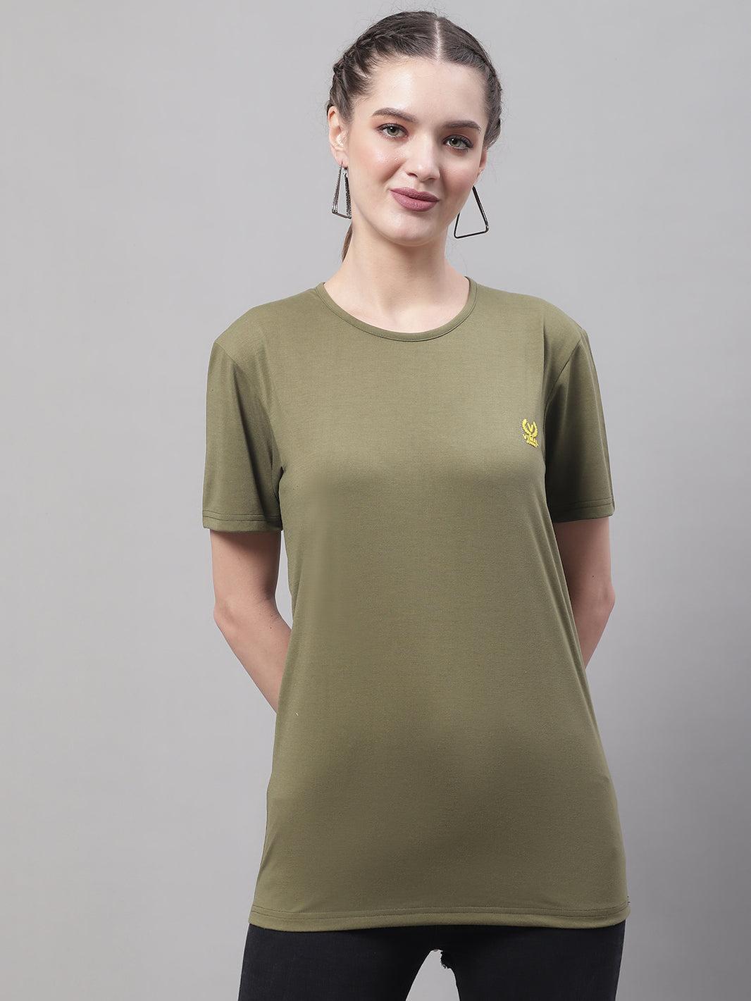 Mack Jonney Round Neck Cotton Solid Olive T-Shirt for Women