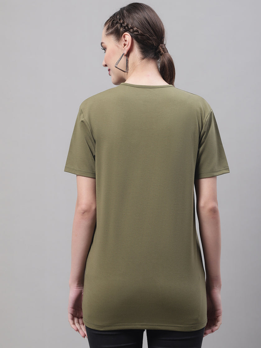 Mack Jonney Round Neck Cotton Solid Olive T-Shirt for Women