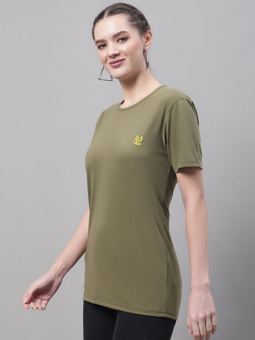 Mack Jonney Round Neck Cotton Solid Olive T-Shirt for Women