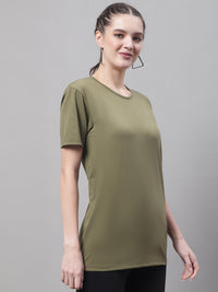 Mack Jonney Round Neck Cotton Solid Olive T-Shirt for Women