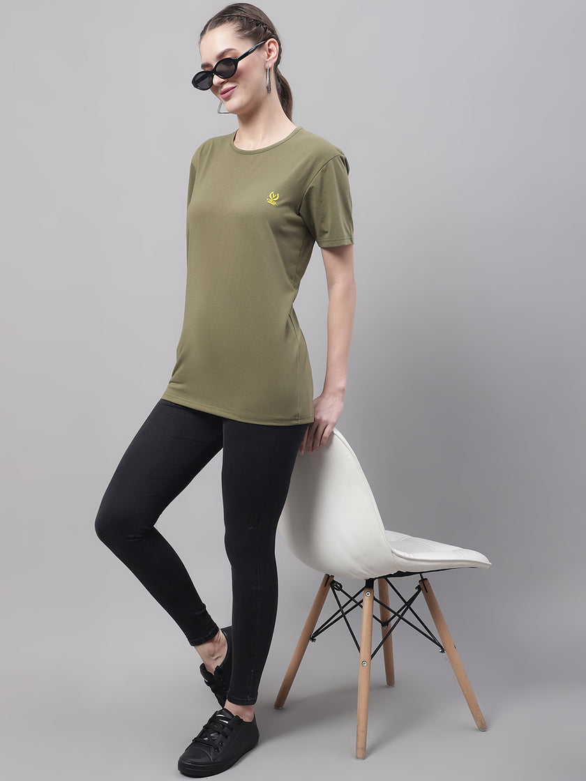 Mack Jonney Round Neck Cotton Solid Olive T-Shirt for Women