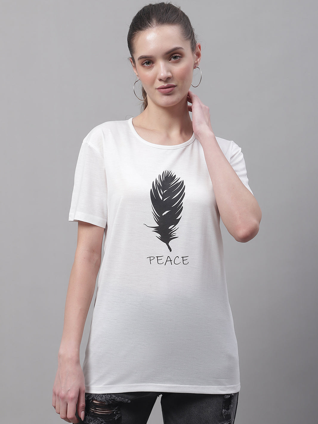 Mack Jonney Round Neck Cotton Printed White T-Shirt for Women