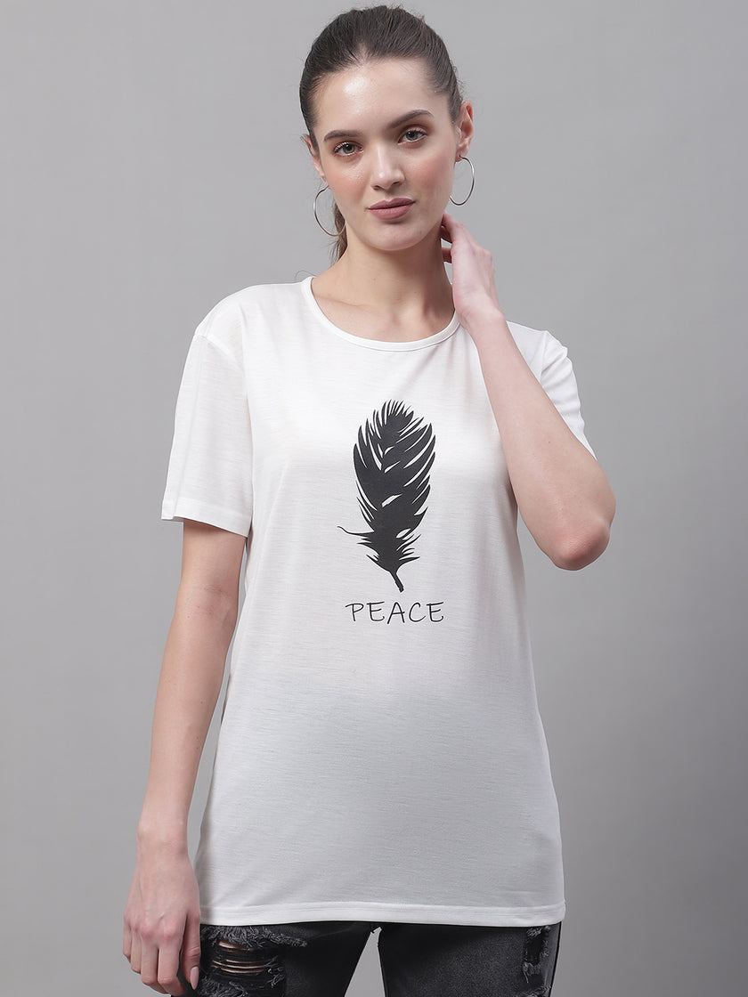 Mack Jonney Round Neck Cotton Printed White T-Shirt for Women