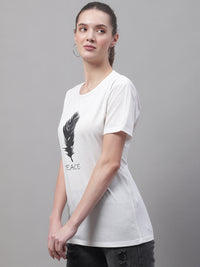 Mack Jonney Round Neck Cotton Printed White T-Shirt for Women