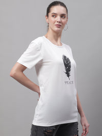 Mack Jonney Round Neck Cotton Printed White T-Shirt for Women