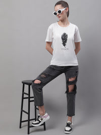 Mack Jonney Round Neck Cotton Printed White T-Shirt for Women