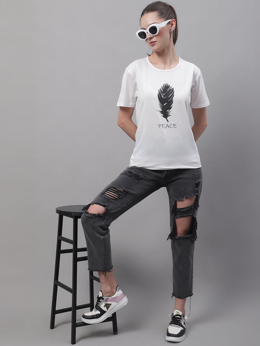 Mack Jonney Round Neck Cotton Printed White T-Shirt for Women