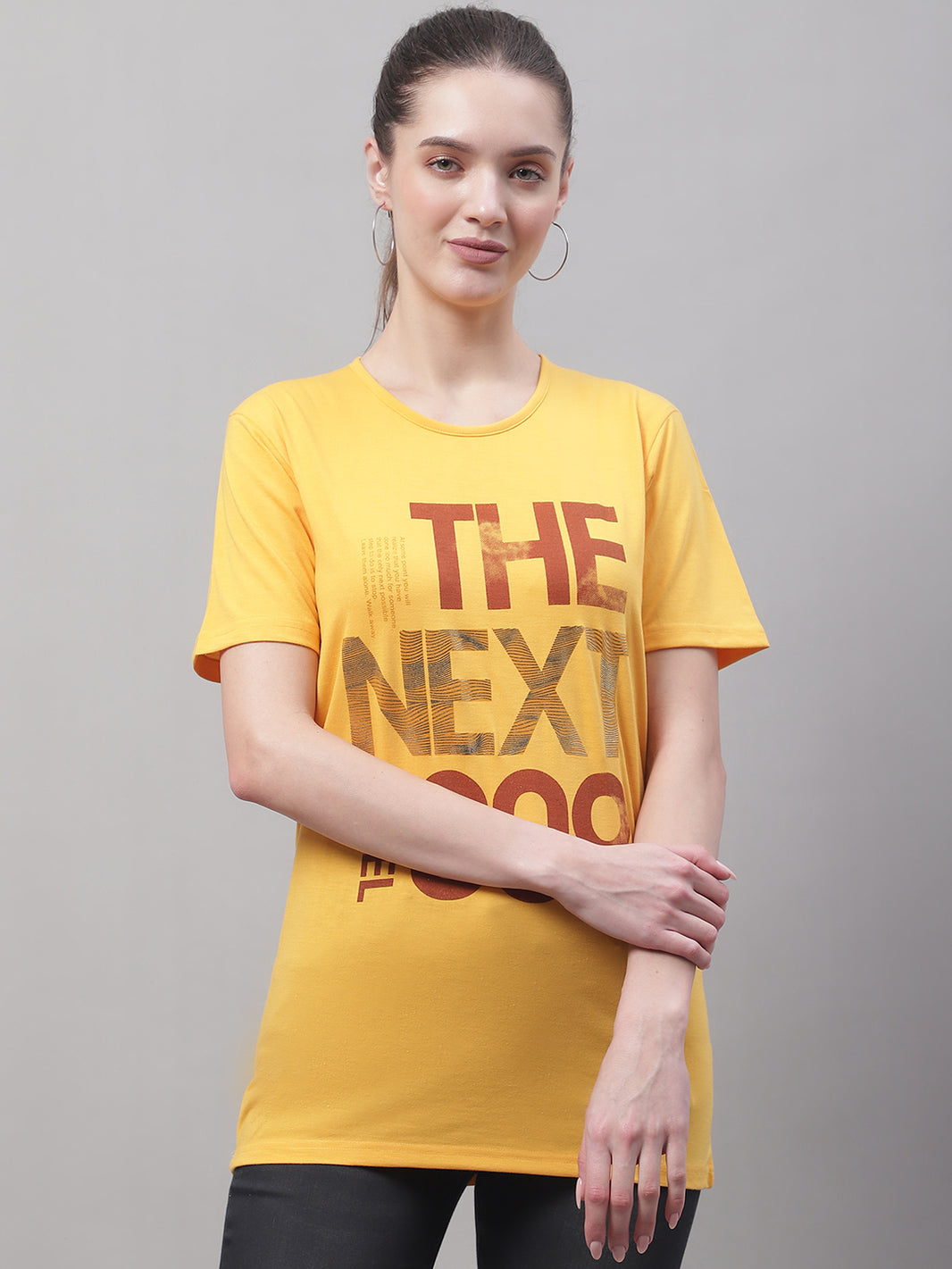 Mack Jonney Round Neck Cotton Printed Yellow T-Shirt for Women
